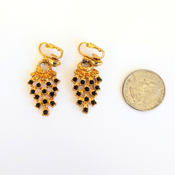 Vtg Kudan Bindi Indian Chandler Gold Tone Black Bead Drop Dangle Earrings - Picture 4 of 5
